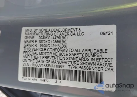 2021 Honda Accord Sport z USA, uszkodzony, nr VIN 1HGCV1F33MA110967